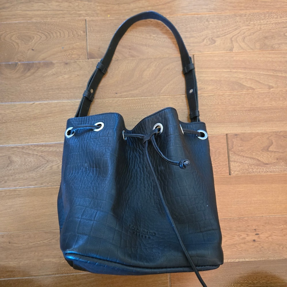 Bolongaro Trevor Black Leather Croc Embossed Drawstring Bucket Bag Shoulder Bag